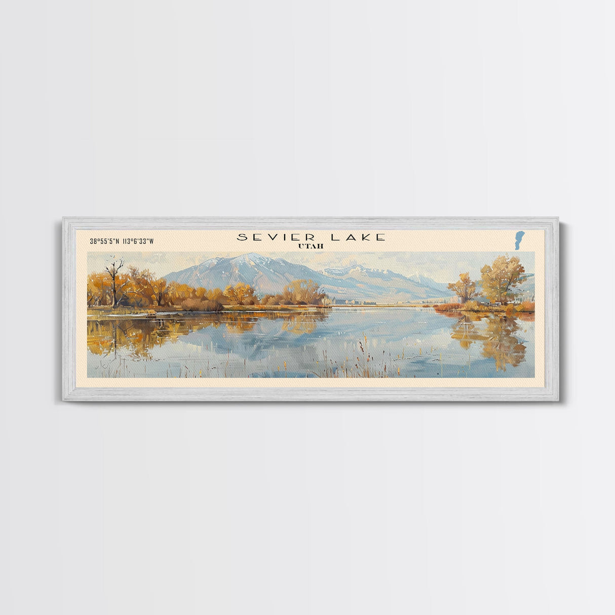 Sevier Lake Utah Panoramic Framed Canvas Print, Lake House Decor, Wall Art, Travel Poster, Tranquil Landscape, Modern Art