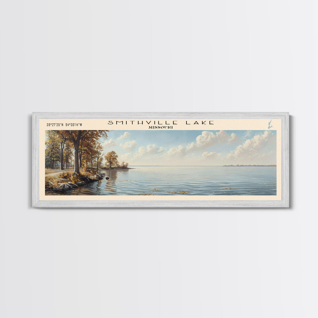 Smithville Lake Missouri Panoramic Framed Canvas Print, Lake House Decor, Wall Art, Travel Poster, Serene Lake Painting, Living Room Decor