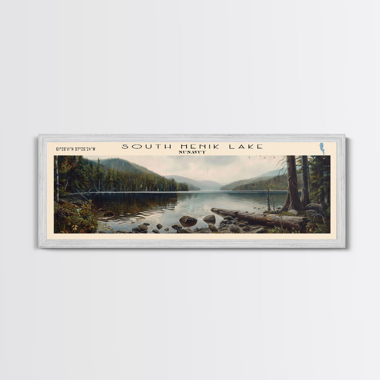 South Henik Lake Panoramic Framed Canvas Print, Lake House Decor, Wall Art, Travel Poster, Scenic Lake Painting, Living Room Decor