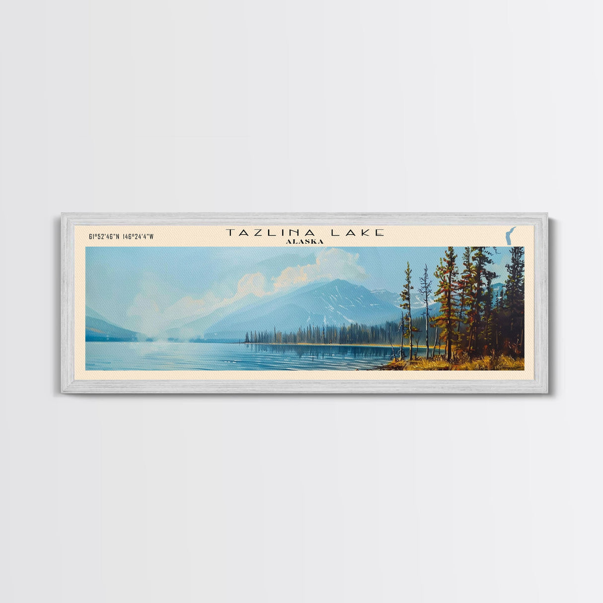 Tazlina Lake Panoramic Wall Art, Framed Canvas Print, Lake House Decor, Travel Poster, Serene Landscape, Living Room Decor, Nature Painting