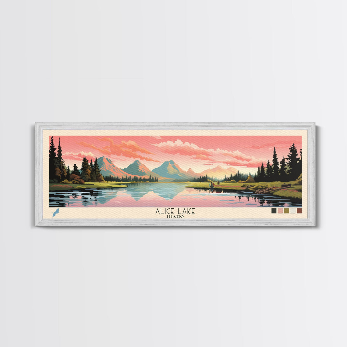 Alice Lake Idaho Framed Canvas Print, Panoramic Wall Art, Midcentury Modern, Pop Art, Travel Poster, Lake House Decor