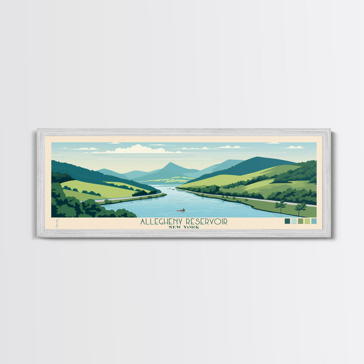 Allegheny Reservoir New York Framed Canvas Print, Panoramic Travel Poster, Pop Art, Midcentury Modern Wall Art, Lake House Art