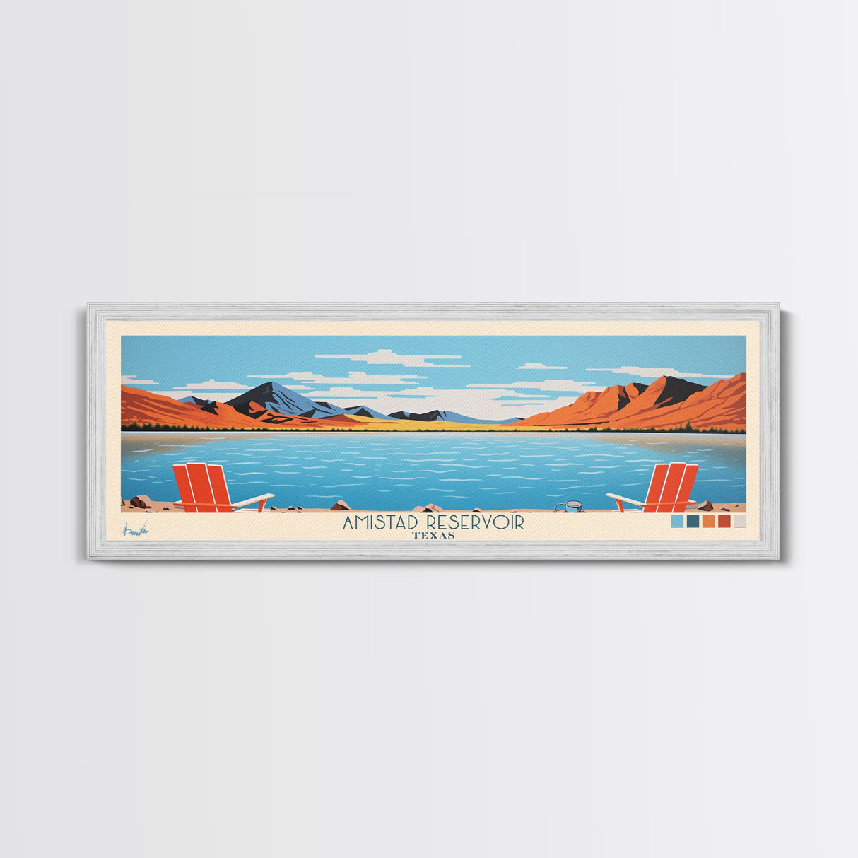 Amistad Reservoir Texas Framed Canvas Print, Panoramic Travel Poster, Midcentury Modern Wall Art, Pop Art, Nature Bedroom Decor