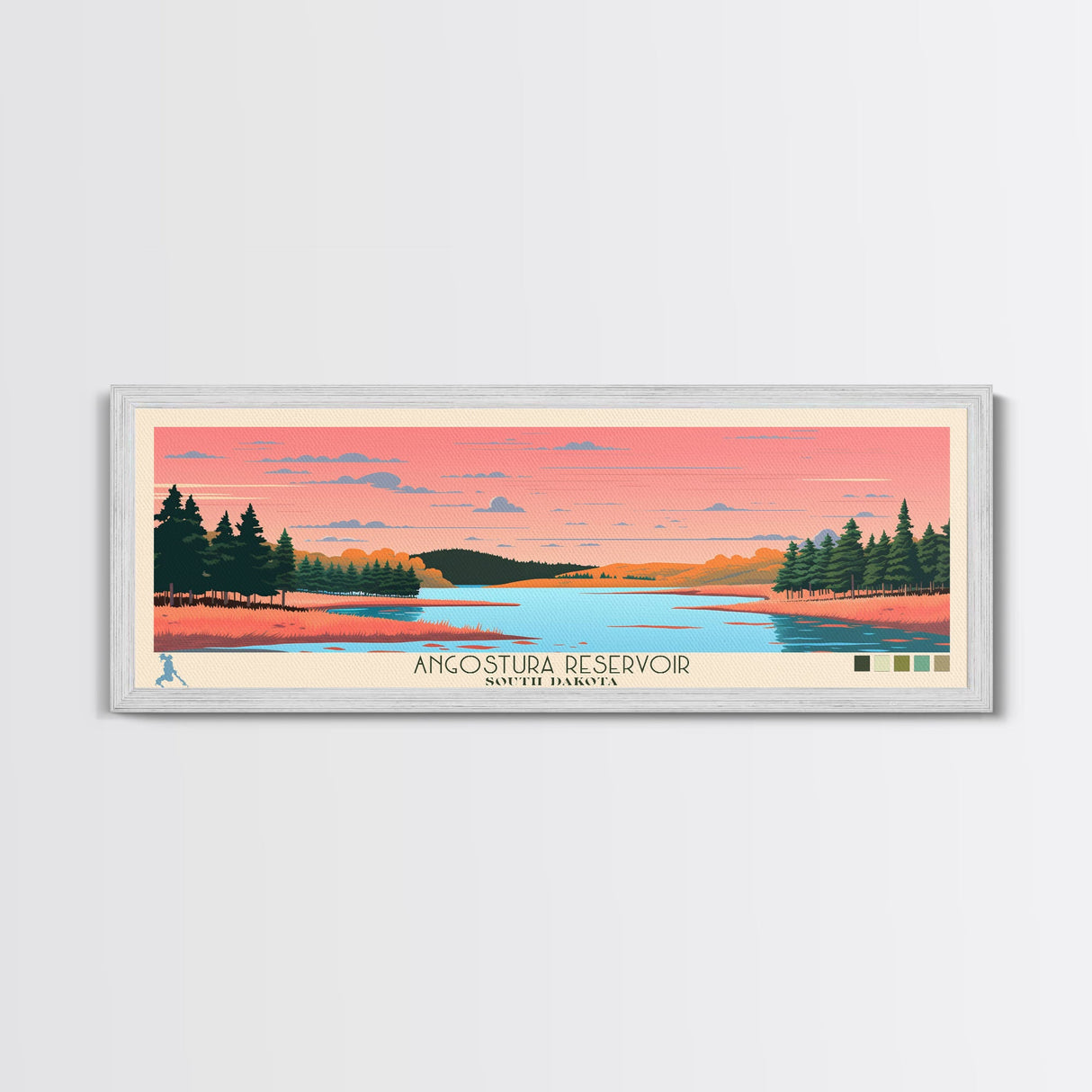 Angostura Reservoir South Dakota Framed Canvas Print, Panoramic Travel Poster, Midcentury Modern Wall Art, Pop Art, Lake House Decor