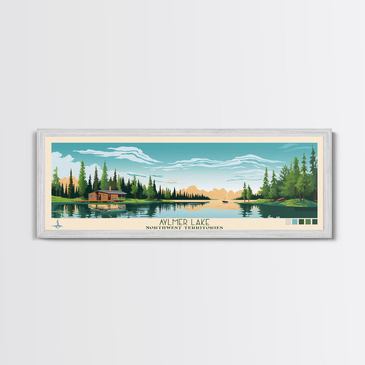 Aylmer Lake Northwest Territories Framed Canvas Print, Panoramic Travel Poster, Midcentury Modern Wall Art, Pop Art, Lake House Decor