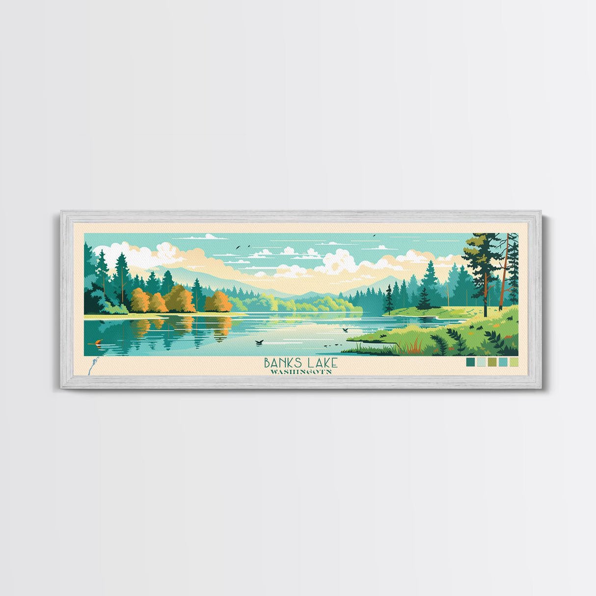 Banks Lake Washington Framed Canvas Print, Panoramic Wall Art, Midcentury Modern, Pop Art, Travel Poster, Scenic Lake House Art