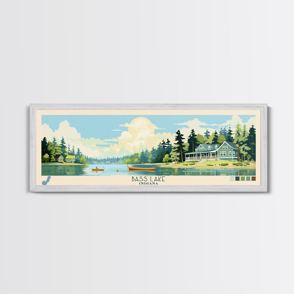 Bass Lake Indiana Framed Canvas Print, Panoramic Travel Poster, Midcentury Modern Wall Art, Pop Art, Nature Bedroom Decor, Lake House Art, Scenic Lake House