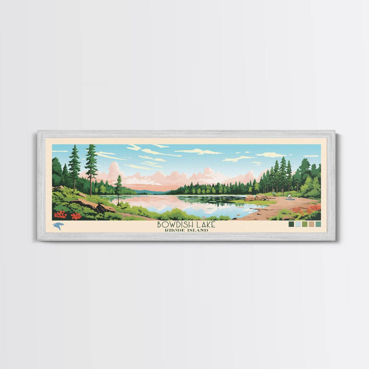 Bowdish Lake Rhode Island Framed Canvas Print, Panoramic Travel Poster, Midcentury Modern Wall Art, Pop Art, Nature Bedroom Decor, Scenic Lake House Art