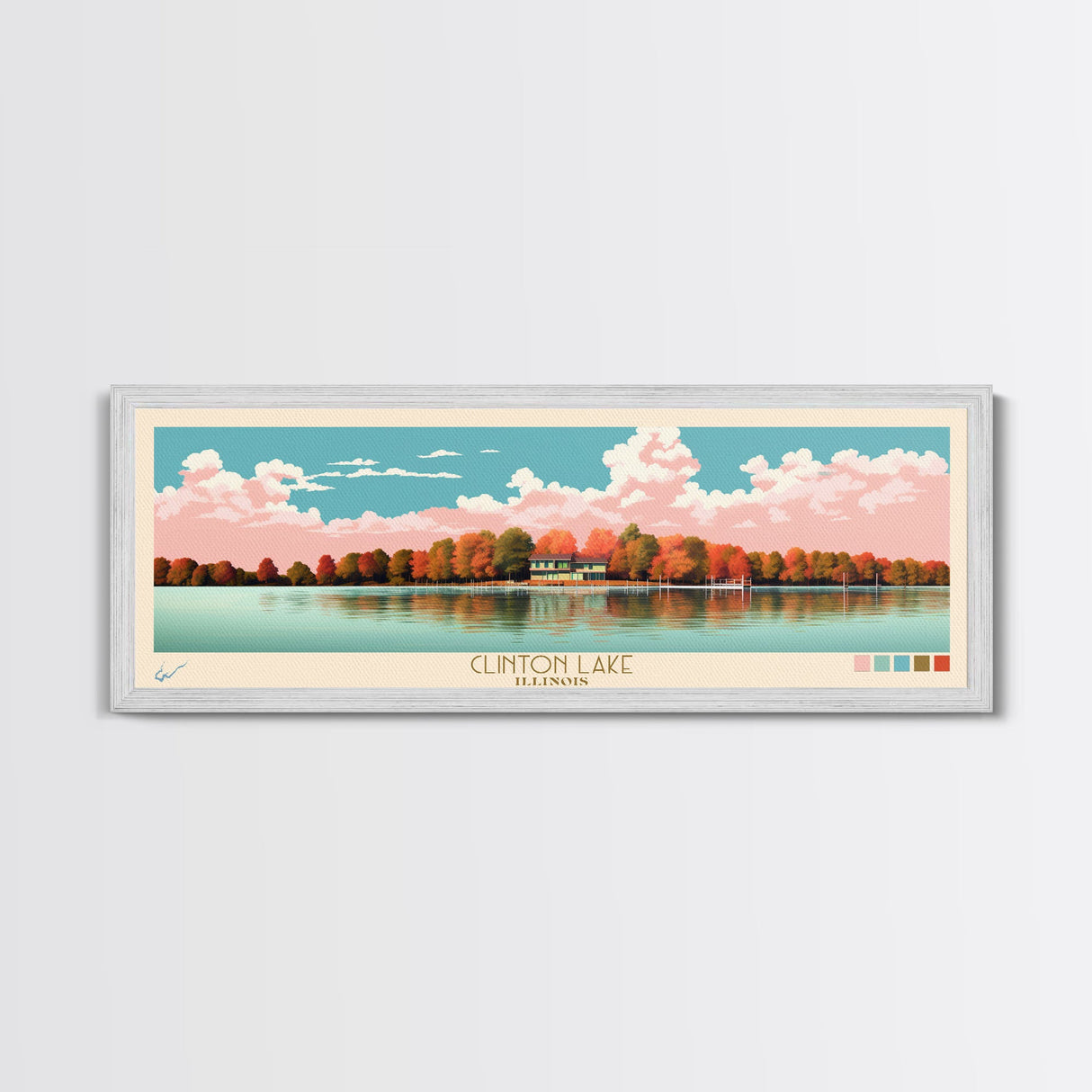 Clinton Lake Illinois Framed Canvas Print, Midcentury Modern Panoramic Wall Art, Living Room Decor, Pop Art, Travel Poster Art, Scenic Nature Painting, Lake House Decor