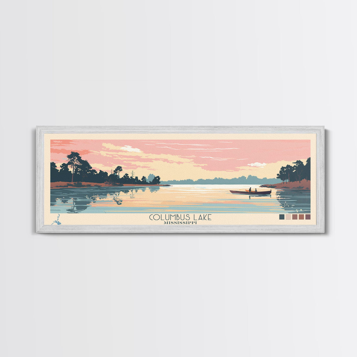 Columbus Lake Mississippi Framed Canvas Print, Midcentury Modern Panoramic Wall Art, Living Room Decor, Pop Art, Travel Poster Art, Scenic Nature Painting