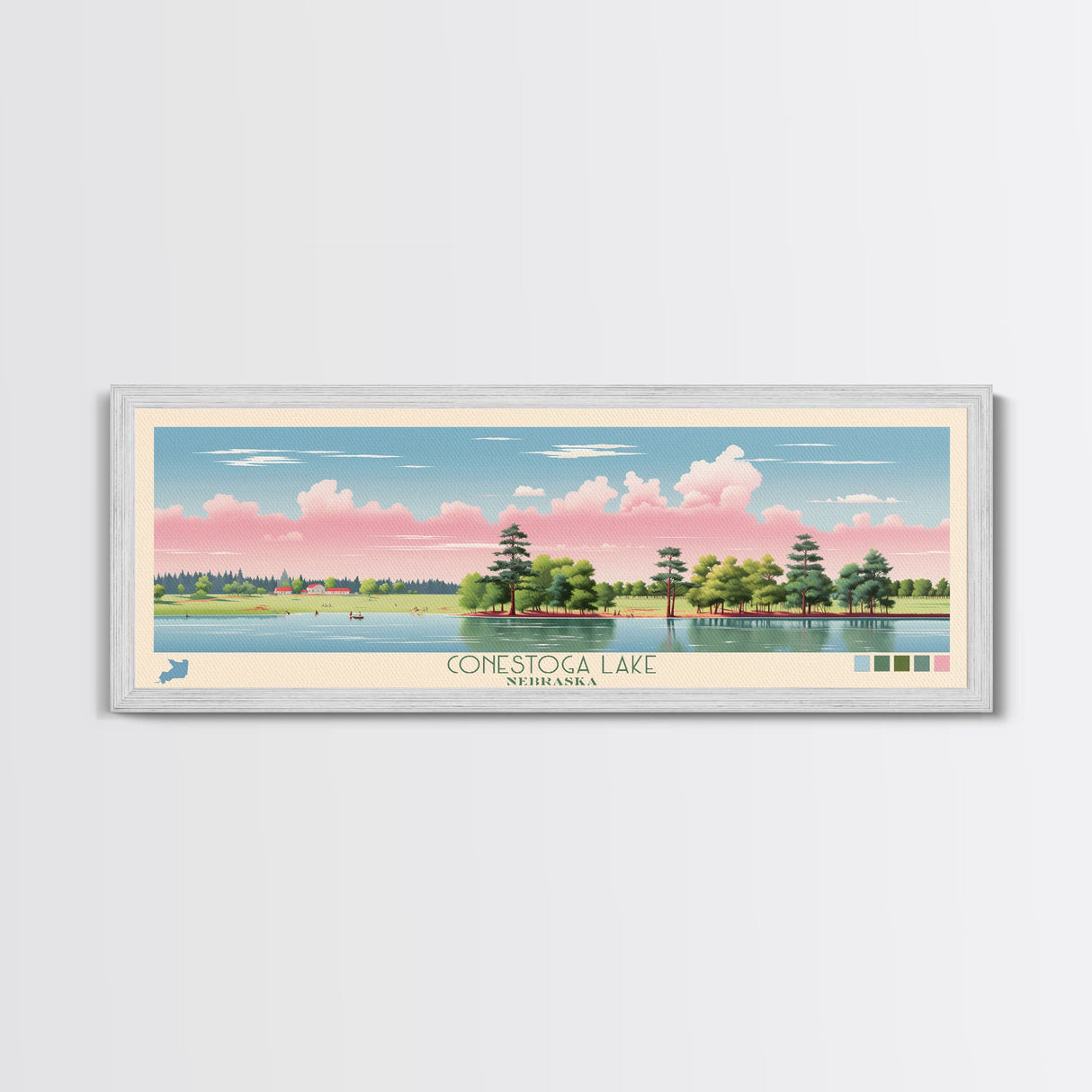 Conestoga Lake Nebraska Framed Canvas Print, Pop Art Panoramic Travel Poster, Midcentury Modern, Wall Art, Scenic Nature Painting, Bedroom Decor, Living Room Art