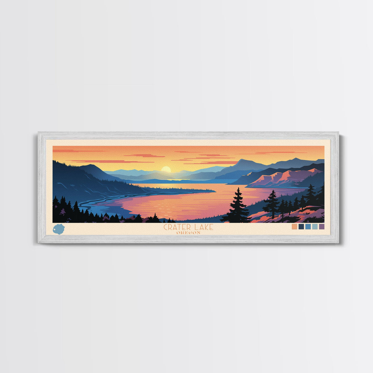 Crater Lake Oregon Framed Canvas Print, Pop Art Panoramic Travel Poster, Midcentury Modern, Wall Art, Scenic Nature Painting, Bedroom Decor, Living Room Art