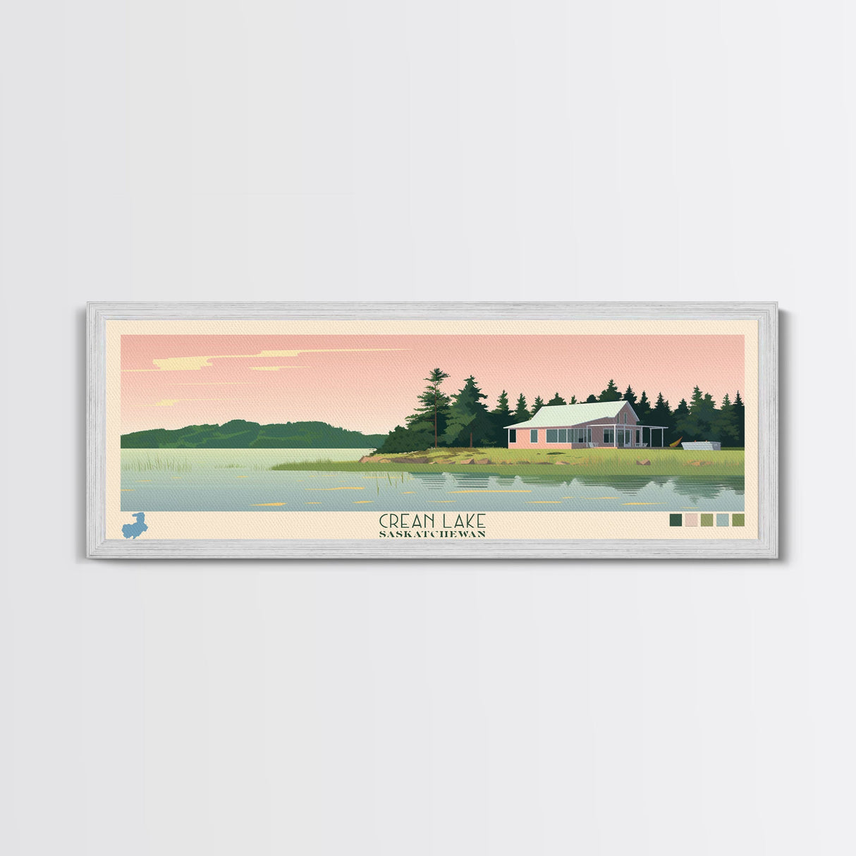 Crean Lake Saskatchewan Framed Canvas Print, Midcentury Modern Panoramic Wall Art, Living Room Decor, Pop Art, Travel Poster Art, Scenic Nature Painting, Lake House Decor