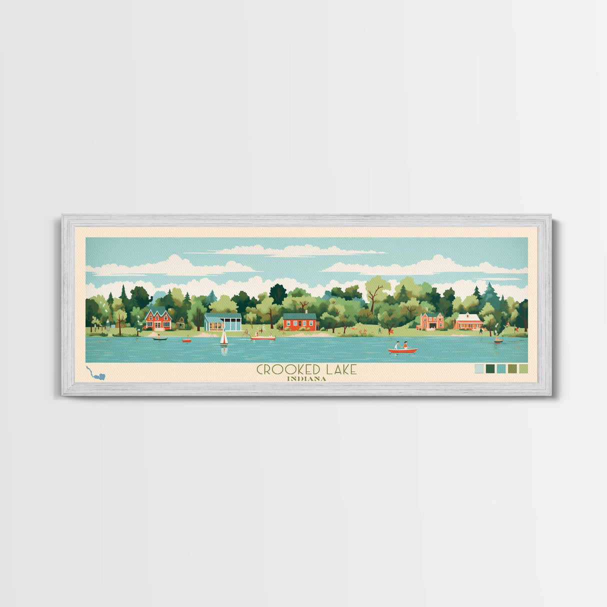 Crooked Lake Indiana Framed Canvas Print, Midcentury Modern Panoramic Wall Art, Living Room Decor, Pop Art, Travel Poster Art, Scenic Nature Painting, Lake House Decor