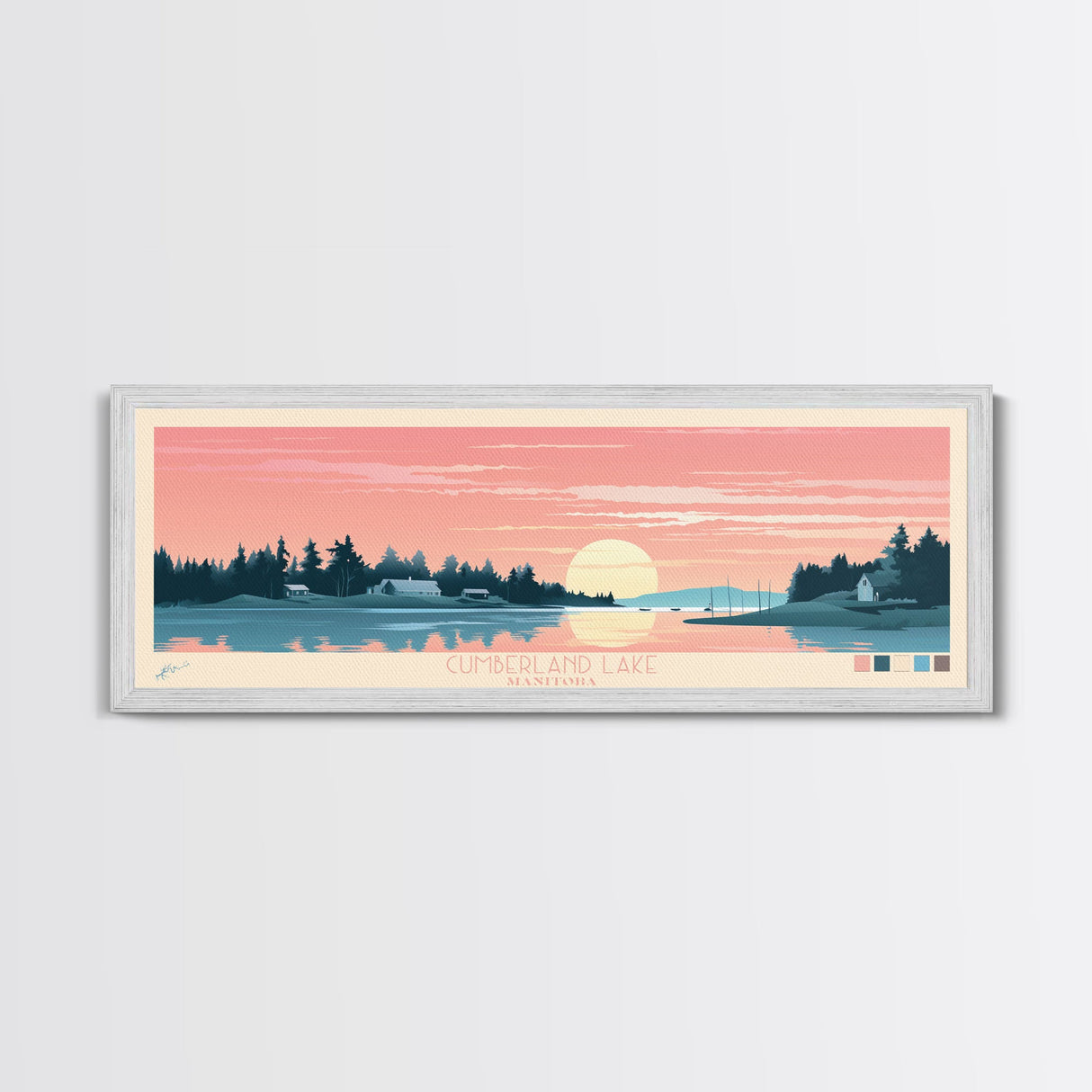 Cumberland Lake Manitoba Framed Canvas Print, Midcentury Modern Panoramic Wall Art, Living Room Decor, Pop Art, Travel Poster Art, Scenic Nature Painting