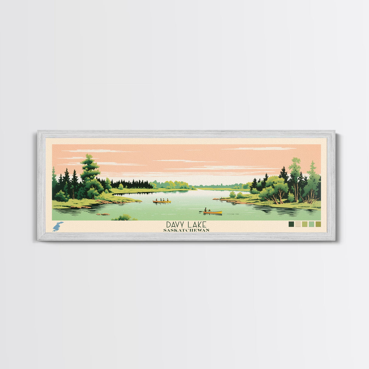 Davy Lake Saskatchewan Framed Canvas Print, Midcentury Modern Panoramic Wall Art, Living Room Decor, Pop Art, Travel Poster Art, Scenic Nature Painting