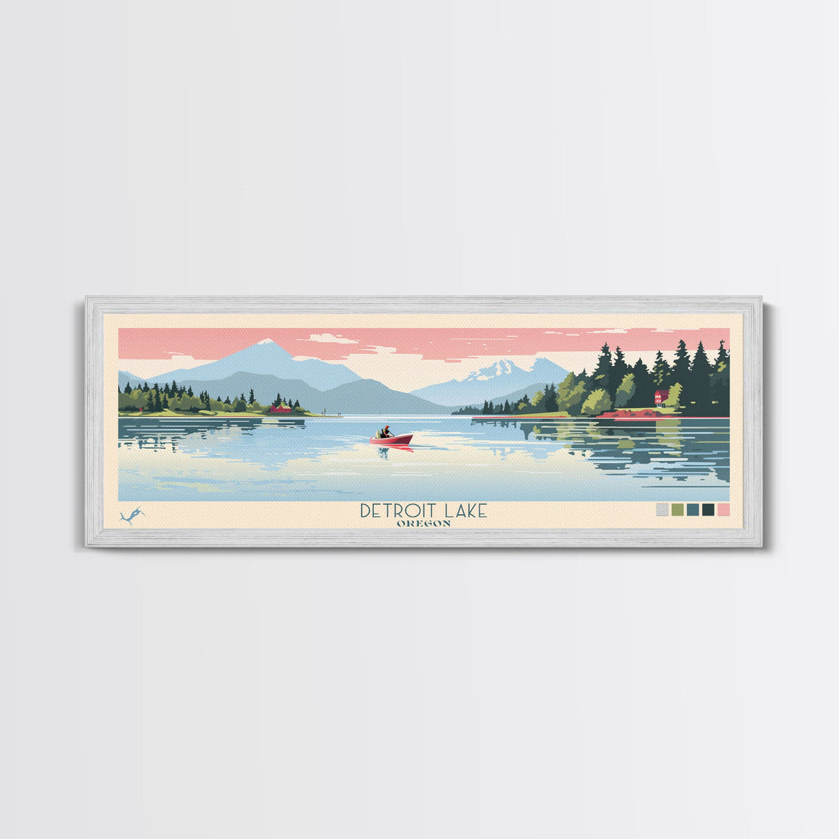 Detroit Lake Oregon Framed Canvas Print, Midcentury Modern Panoramic Wall Art, Bedroom Decor, Pop Art, Travel Poster Art, Scenic Nature Painting