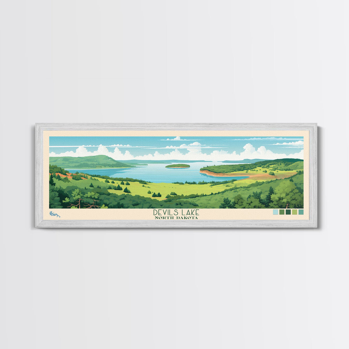 Devils Lake North Dakota Framed Canvas Print, Midcentury Modern Panoramic Wall Art, Living Room Decor, Pop Art, Travel Poster Art, Scenic Nature Painting