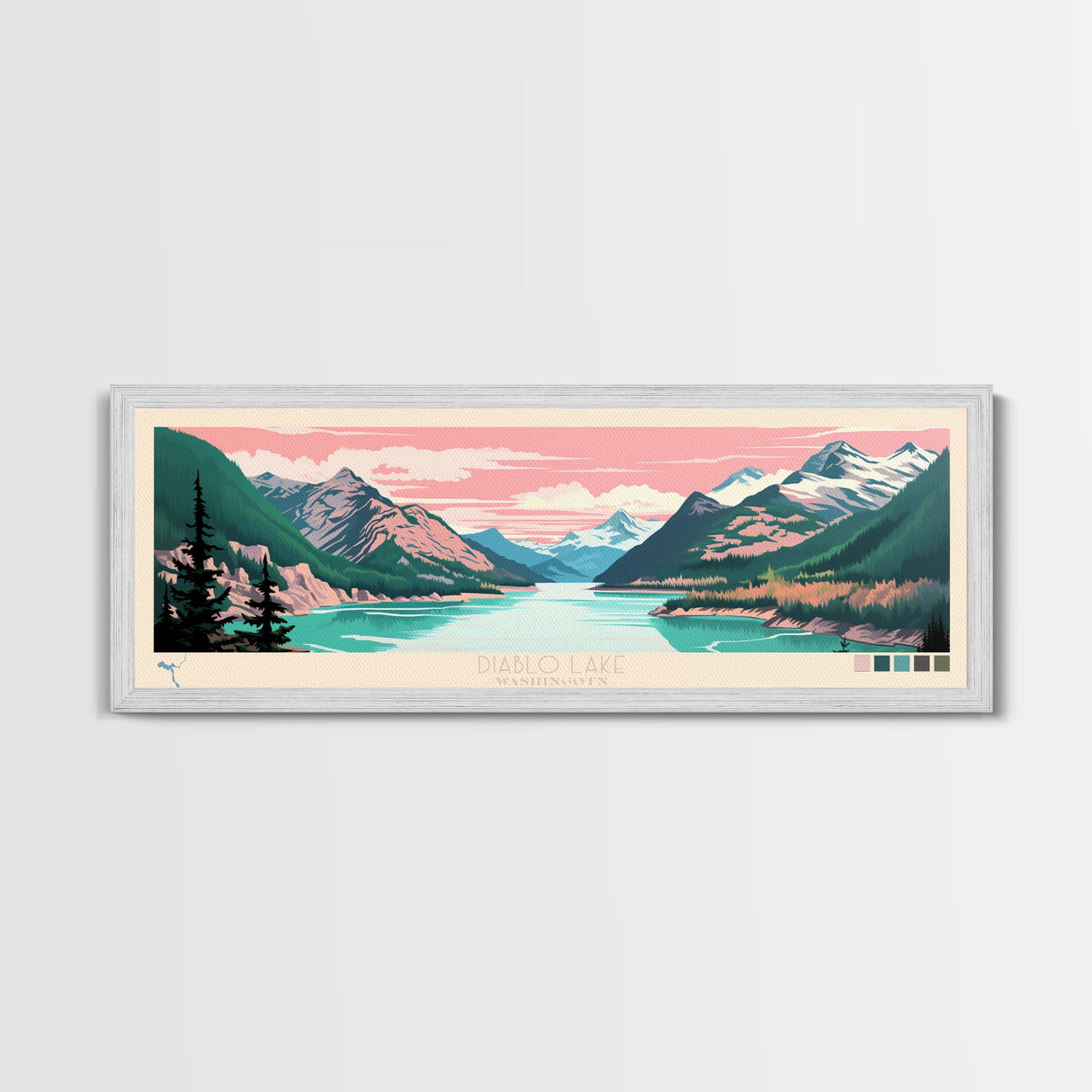 Diablo Lake Washington Framed Canvas Print, Midcentury Modern Panoramic Wall Art, Bedroom Decor, Pop Art, Travel Poster Art, Scenic Nature Painting