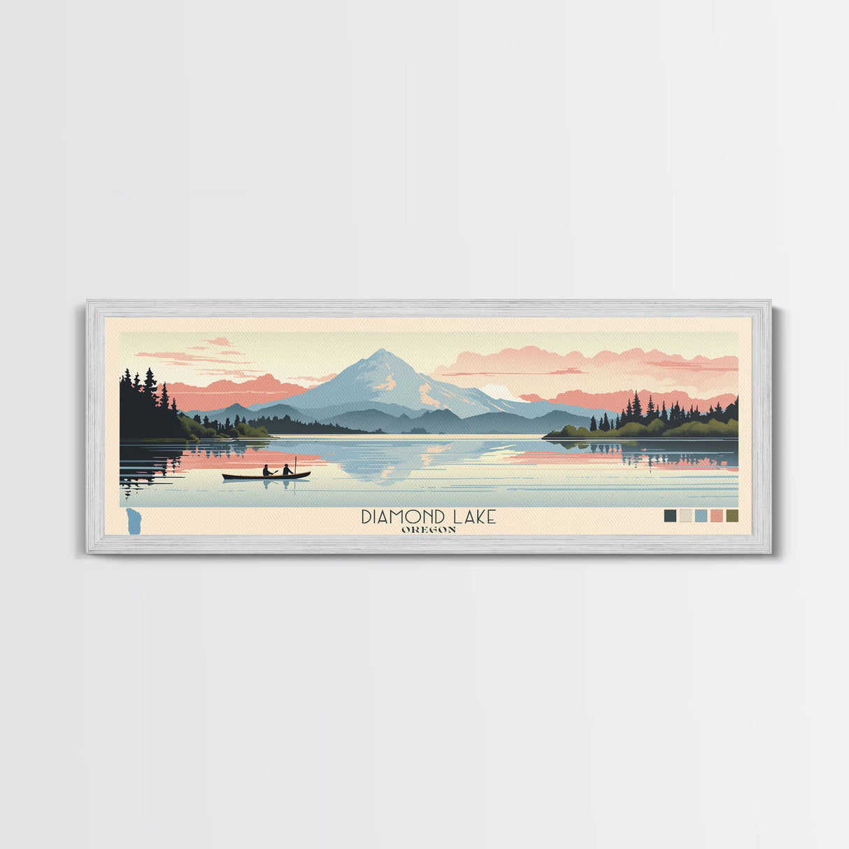 Diamond Lake Oregon Framed Canvas Print, Midcentury Modern Panoramic Wall Art, Bedroom Decor, Pop Art, Travel Poster Art, Scenic Nature Painting