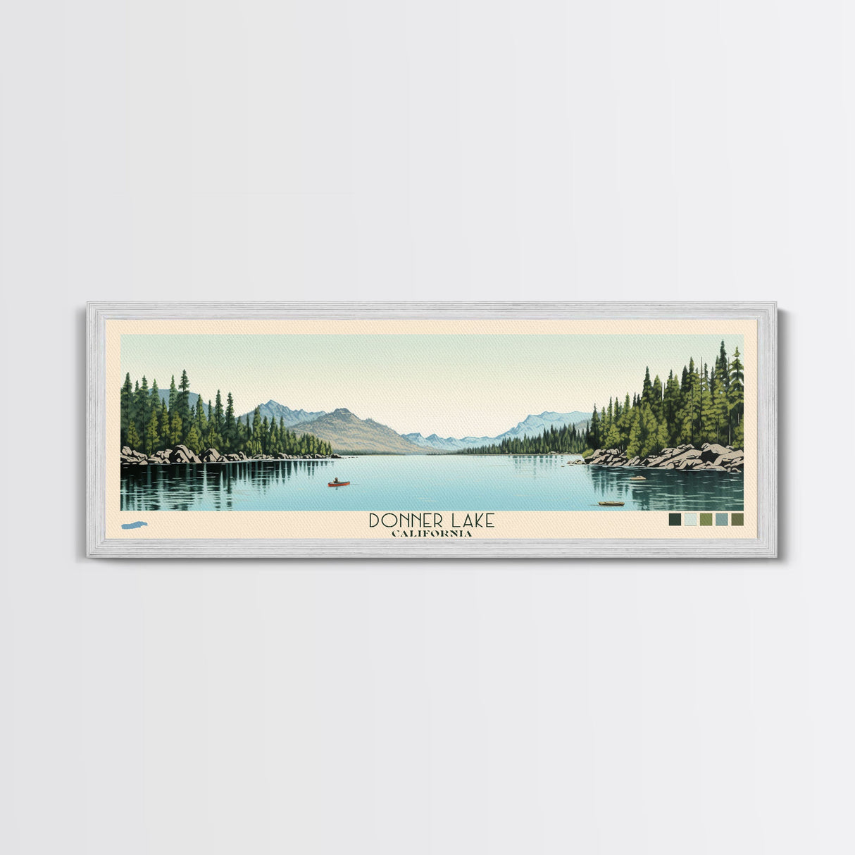 Donner Lake California Framed Canvas Print, Midcentury Modern Panoramic Wall Art, Bedroom Decor, Pop Art, Travel Poster Art, Scenic Nature Painting