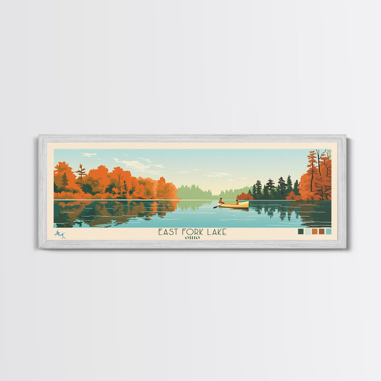 East Fork Lake Ohio Framed Canvas Print, Panoramic Wall Art, Midcentury Modern, Pop Art, Bedroom Decor, Travel Poster, Artistic Lake Painting