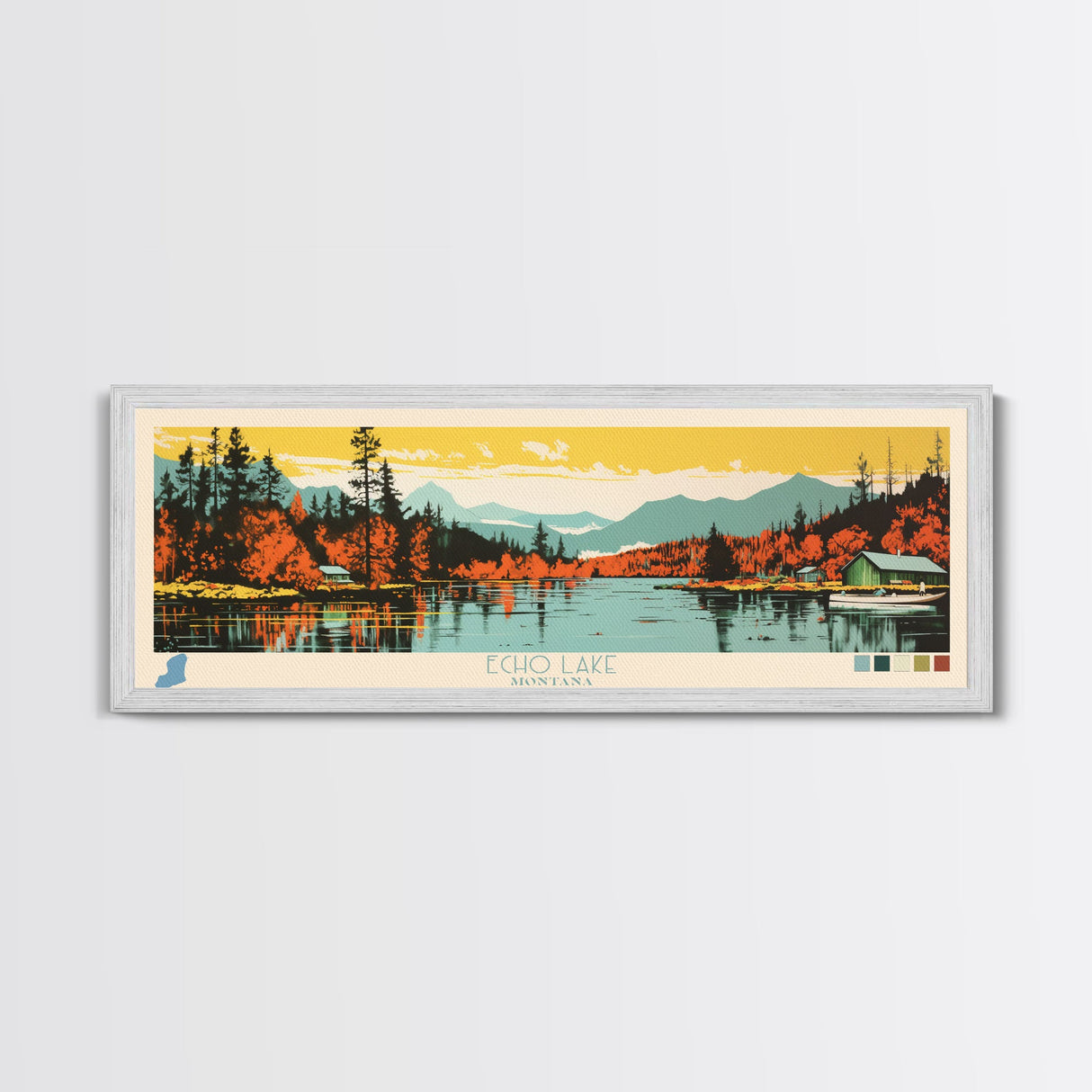 Echo Lake Montana Framed Canvas Print, Panoramic Wall Art, Midcentury Modern, Pop Art, Living Room Decor, Travel Poster, Nature Art