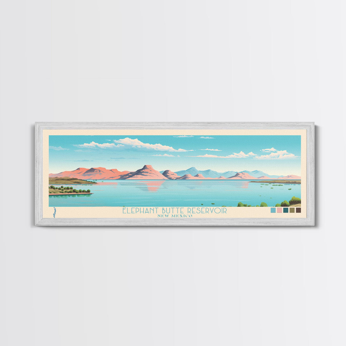 Elephant Butte Reservoir New Mexico Framed Canvas Print, Panoramic Wall Art, Midcentury Modern, Pop Art, Living Room Decor, Travel Poster, Lake Art