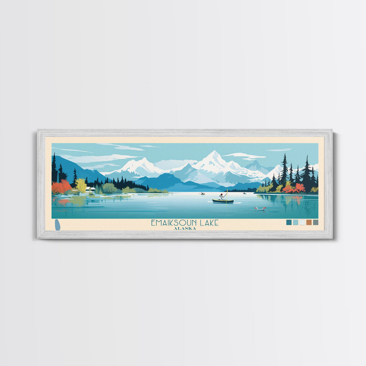 Emaiksoun Lake Alaska Framed Canvas Print, Panoramic Wall Art, Midcentury Modern, Pop Art, Bedroom Decor, Travel Poster, Nature Art