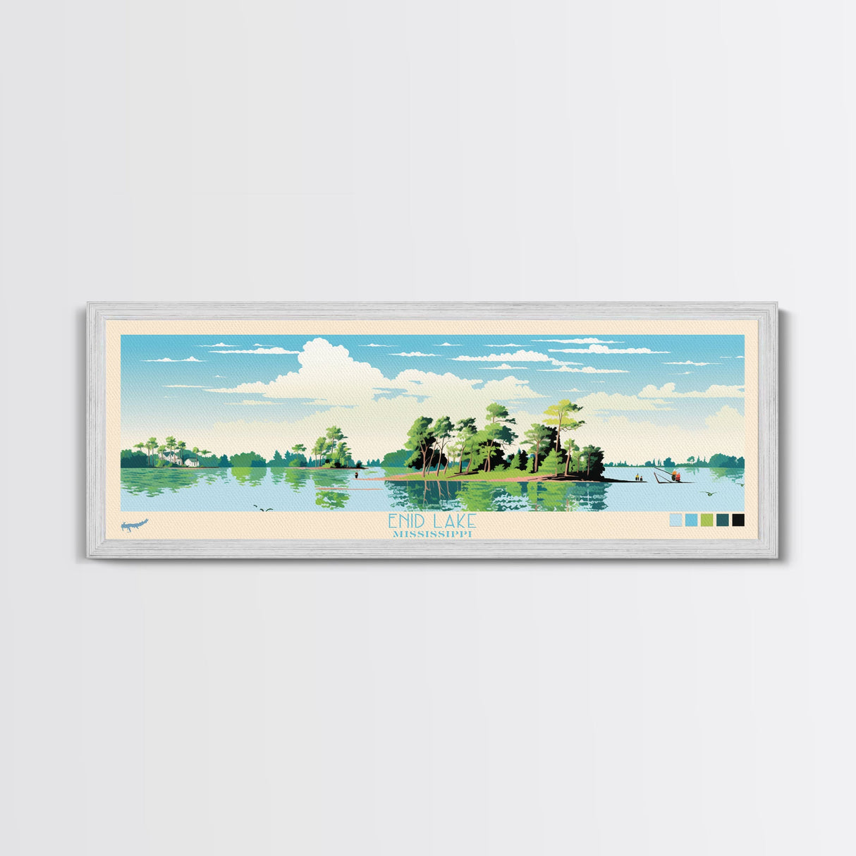 Enid Lake Mississippi Framed Canvas Print, Panoramic Art, Midcentury Modern, Pop Art, Living Room Decor, Travel Poster, Lake Painting