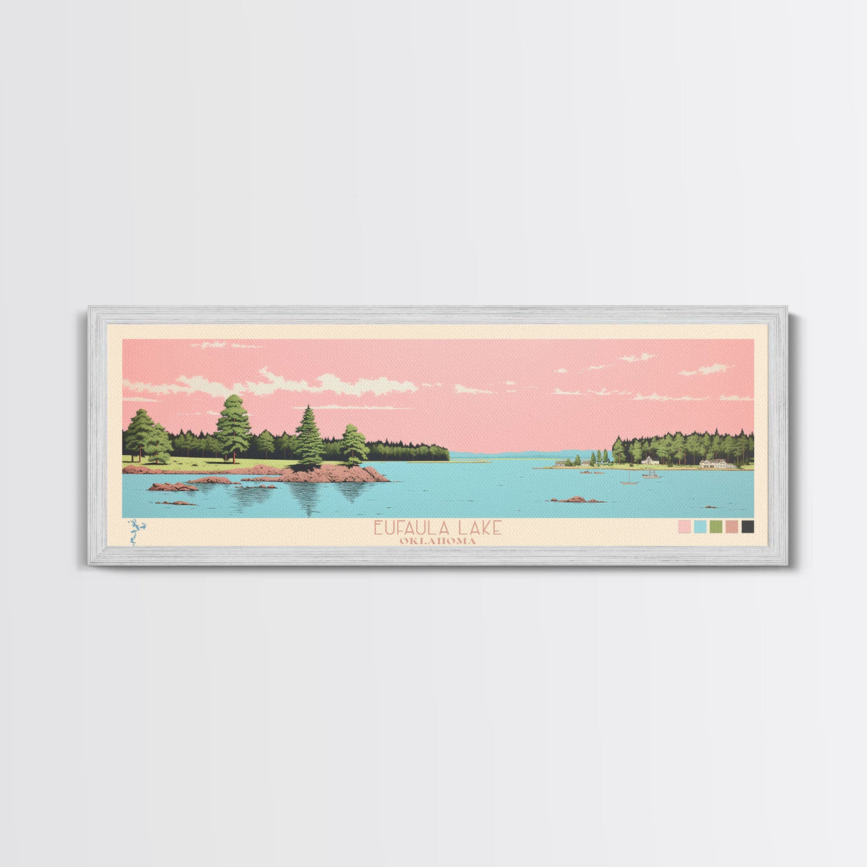 Eufaula Lake Oklahoma Framed Canvas Print, Panoramic Art, Midcentury Modern, Pop Art, Living Room Wall Art, Travel Poster, Nature Art