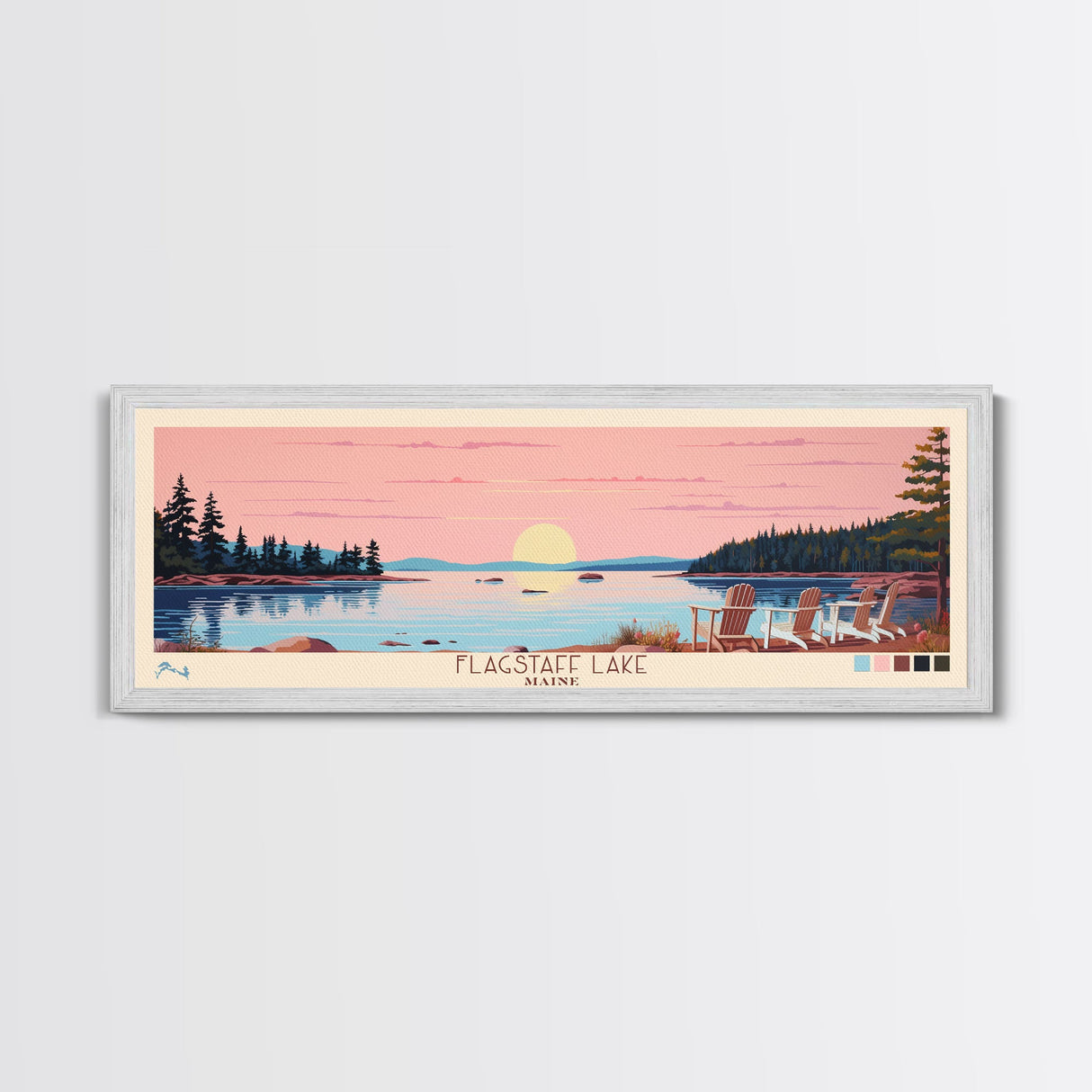 Flagstaff Lake Maine Framed Canvas Print, Panoramic Wall Art, Midcentury Modern, Pop Art, Bedroom Decor, Travel Poster, Artistic Decor, Lake View