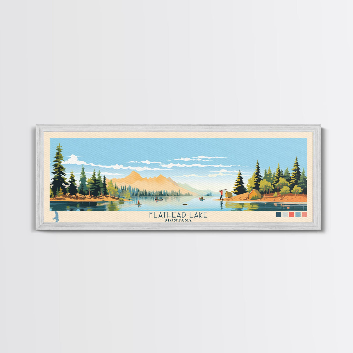 Flathead Lake Montana Framed Canvas Print, Panoramic Wall Art, Midcentury Modern, Pop Art, Bedroom Decor, Travel Poster, Nature Painting, Artistic Decor