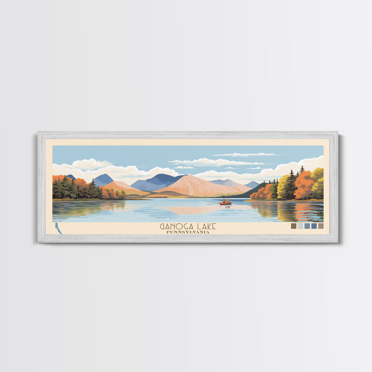 Ganoga Lake Pennsylvania Framed Canvas Print, Panoramic Art, Midcentury Modern, Pop Art, Living Room Wall Art, Travel Poster, Nature Painting, Home Decor