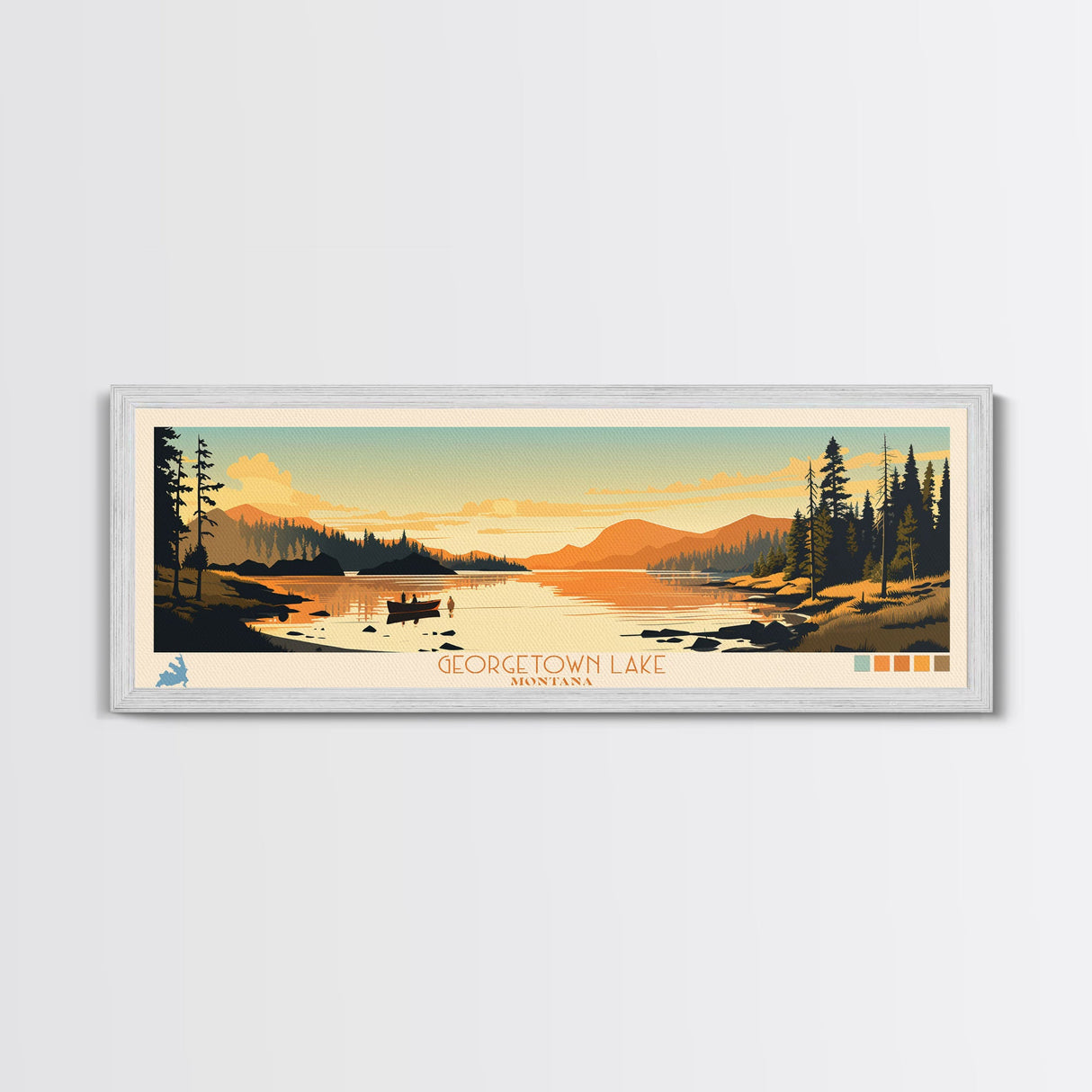 Georgetown Lake Montana Framed Canvas Print, Panoramic Wall Art, Midcentury Modern, Pop Art, Living Room Decor, Travel Poster, Nature Art, Lake House Art