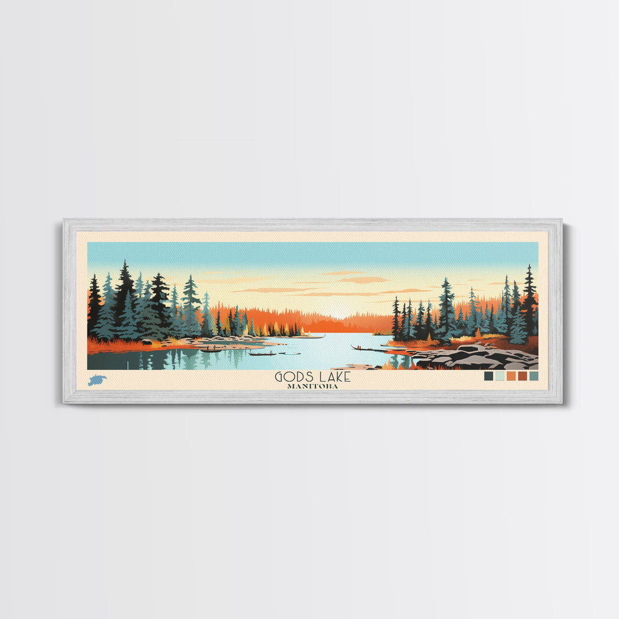 Gods Lake Manitoba Framed Canvas Print, Panoramic Art, Midcentury Modern, Pop Art, Bedroom Decor, Travel Poster, Nature Art, Lake House Art