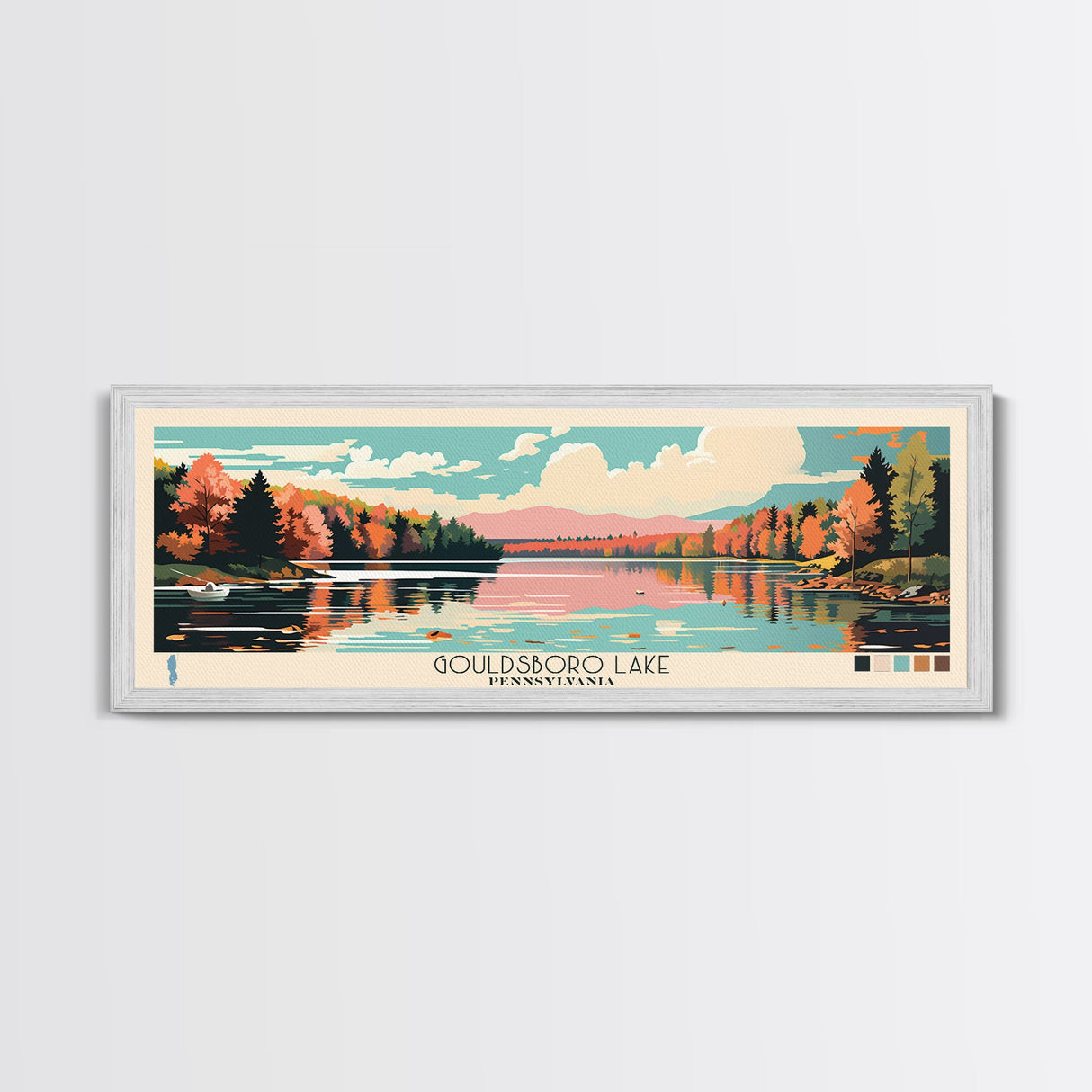 Gouldsboro Lake Pennsylvania Framed Canvas Print, Panoramic Wall Art, Midcentury Modern, Pop Art, Living Room Wall Art, Travel Poster, Nature Painting, Home Decor