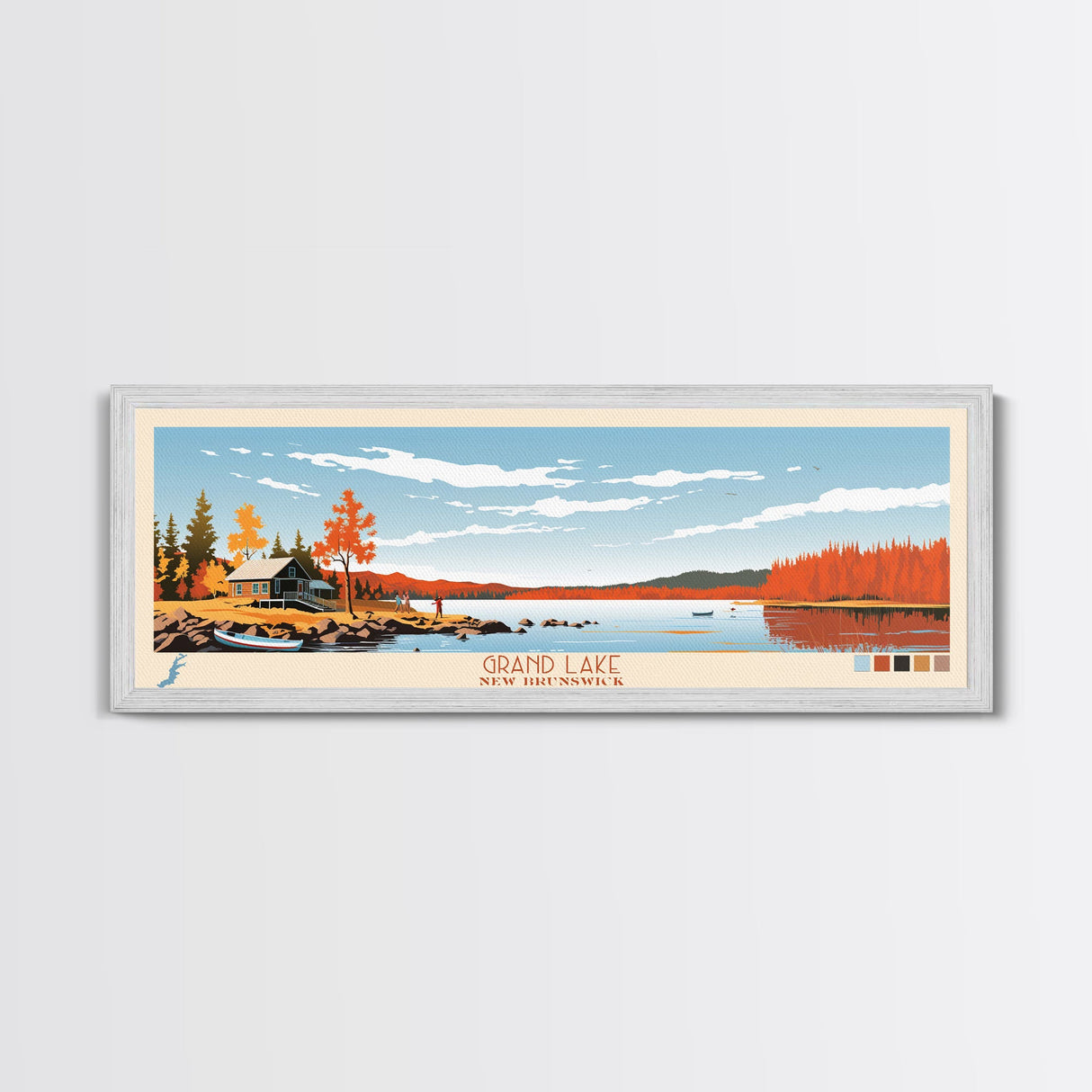 Grand Lake Canada New Brunswick Framed Canvas Print, Panoramic Art, Midcentury Modern, Pop Art, Bedroom Decor, Travel Poster, Lake House Art, Wall Art