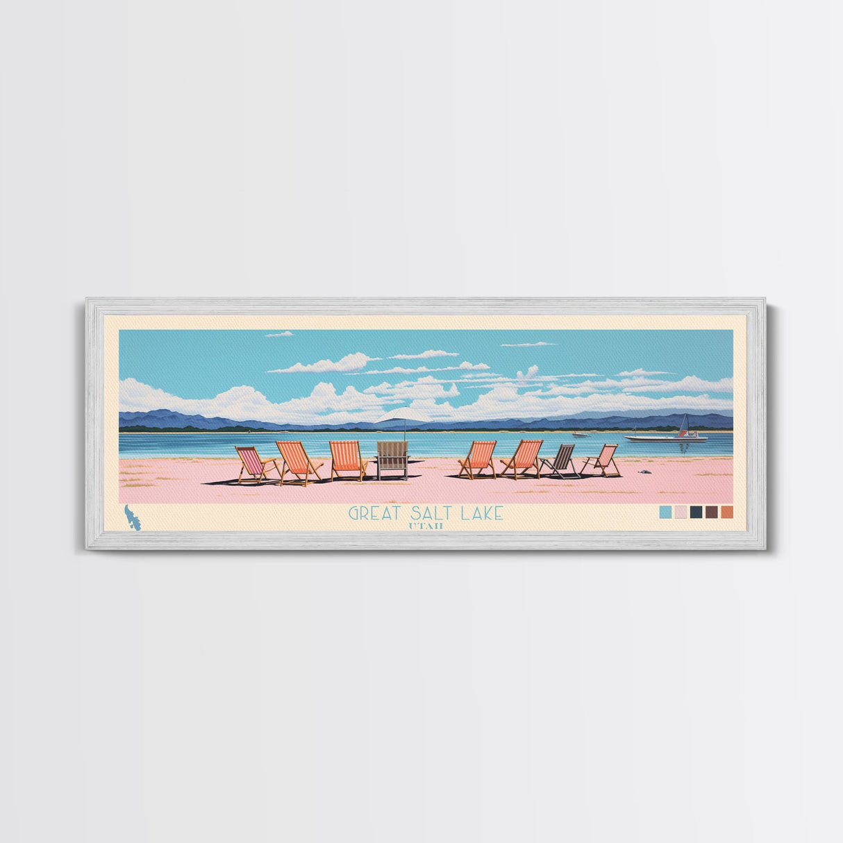 Great Salt Lake Utah Framed Canvas Print, Panoramic Wall Art, Midcentury Modern, Pop Art, Living Room Wall Art, Travel Poster, Nature Art, Artistic Decor