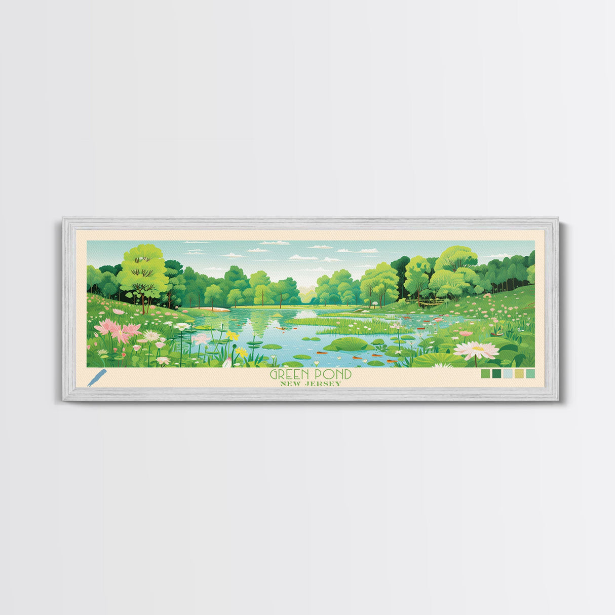 Green Pond New Jersey Framed Canvas Print, Panoramic Wall Art, Midcentury Modern, Pop Art, Living Room Decor, Travel Poster, Nature Art, Home Decor