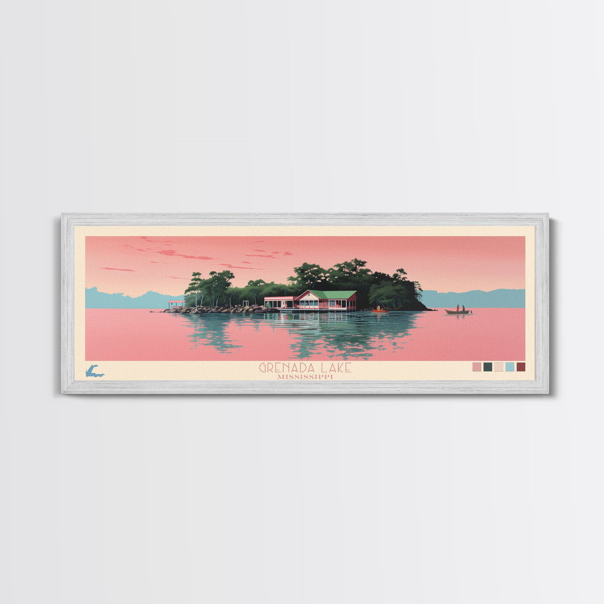 Grenada Lake Mississippi Framed Canvas Print, Panoramic Art, Midcentury Modern, Pop Art, Bedroom Decor, Travel Poster, Nature Art, Home Decor