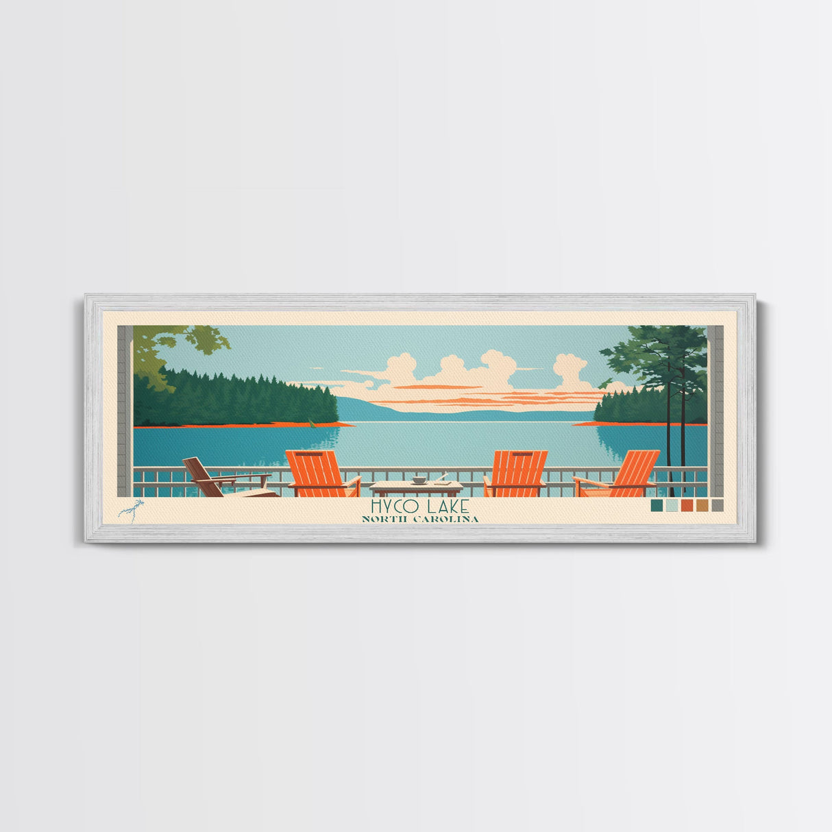 Hyco Lake North Carolina Framed Canvas Print, Panoramic Art, Midcentury Modern, Pop Art, Living Room Wall Art, Travel Poster, Lake House Art