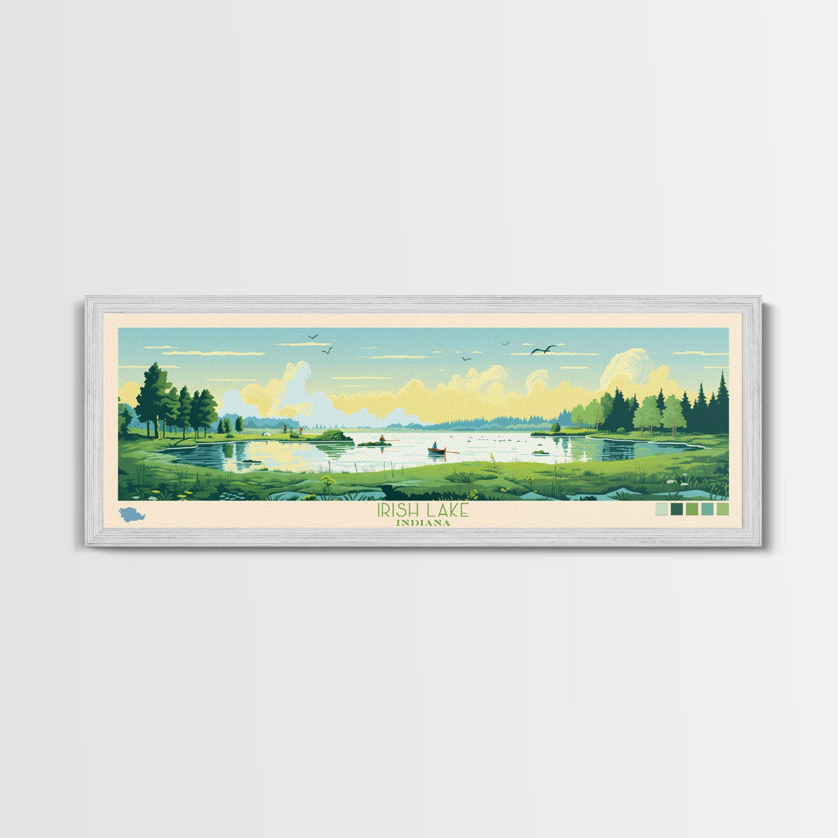 Irish Lake Indiana Framed Canvas Print, Panoramic Art, Midcentury Modern, Pop Art, Living Room Wall Art, Travel Poster, Lake House Decor