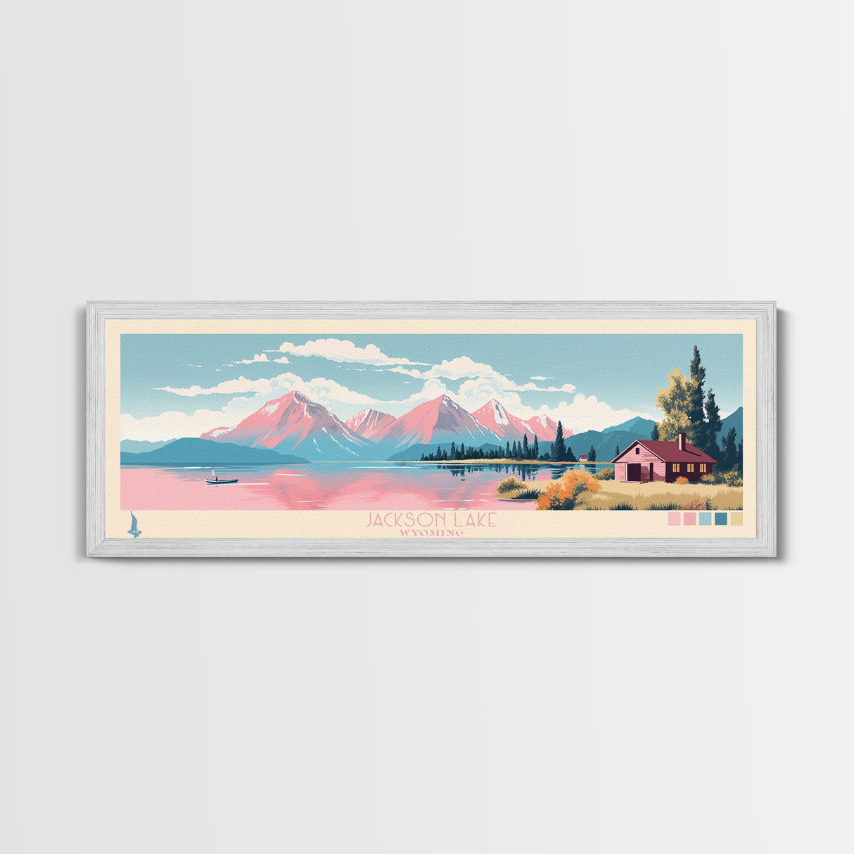 Jackson Lake Wyoming Framed Canvas Print, Panoramic Wall Art, Midcentury Modern, Pop Art, Bedroom Decor, Travel Poster, Nature Decor