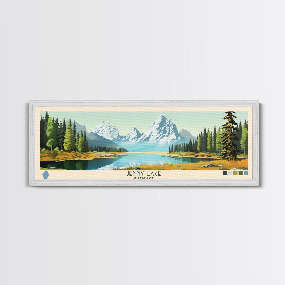 Jenny Lake Wyoming Framed Canvas Print, Panoramic Wall Art, Midcentury Modern, Pop Art, Living Room Decor, Travel Poster, Bedroom Art