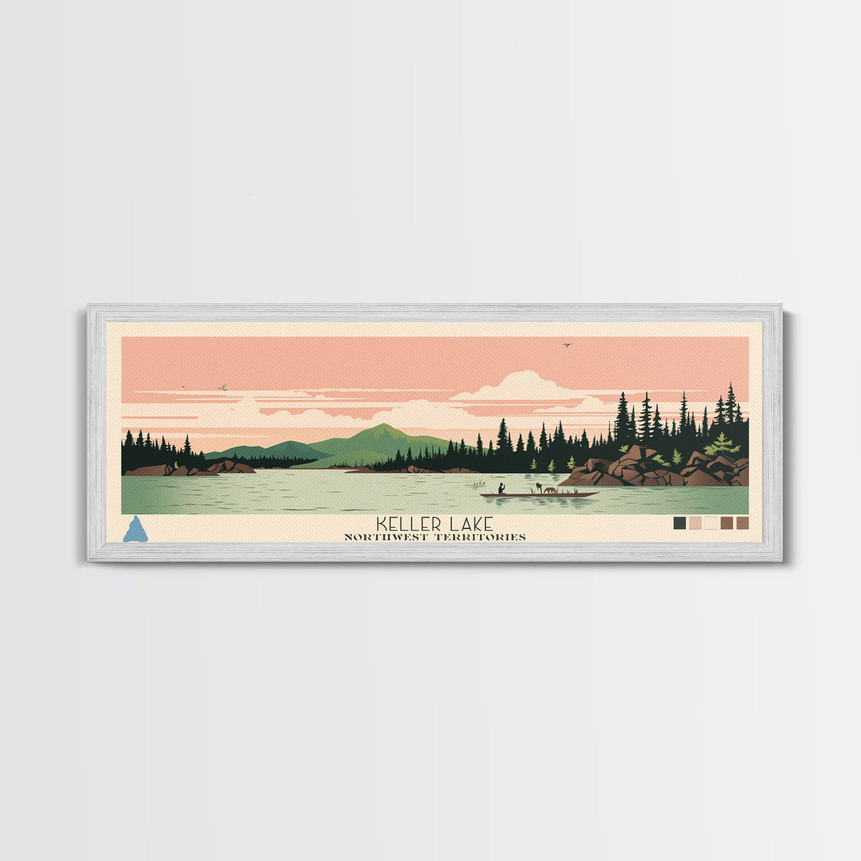 Keller Lake Northwest Territories Framed Canvas Print, Panoramic Art, Midcentury Modern, Pop Art, Living Room Wall Art, Travel Poster, Lake House Art