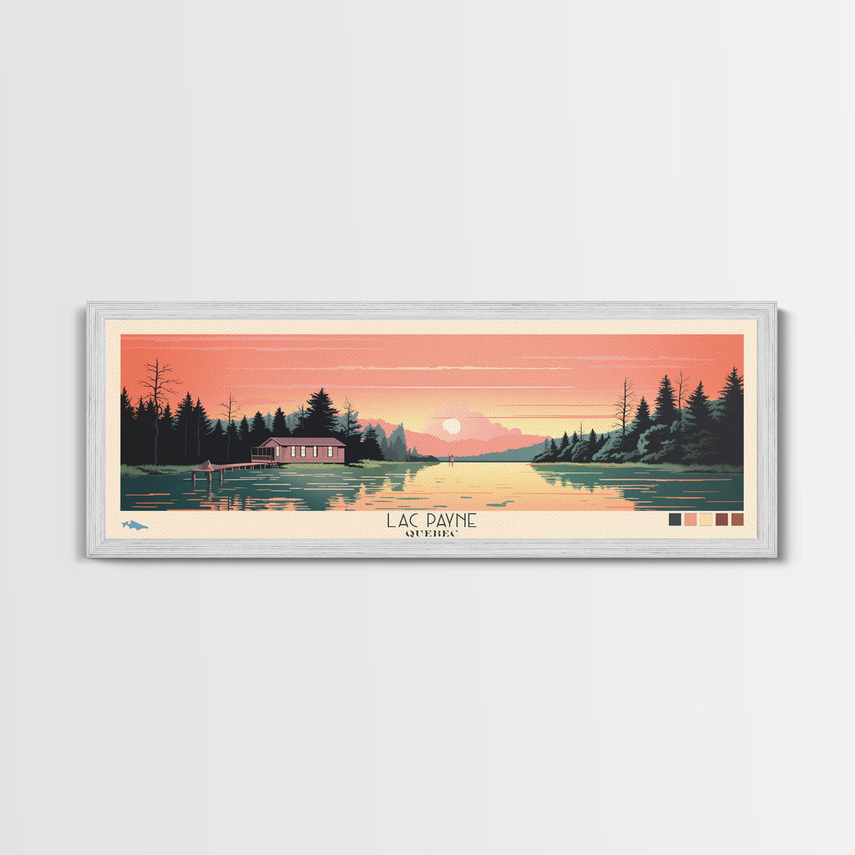 Lac Payne Quebec Framed Canvas Print, Panoramic Wall Art, Midcentury Modern, Pop Art, Bedroom Decor, Travel Poster, Living Room Art