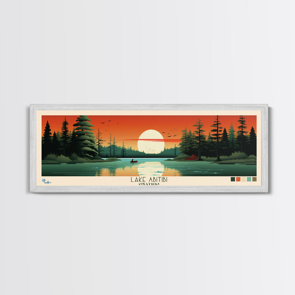 Lake Abitibi Ontario Framed Canvas Print, Panoramic Art, Midcentury Modern, Pop Art, Living Room Wall Art, Travel Poster, Lake House Decor