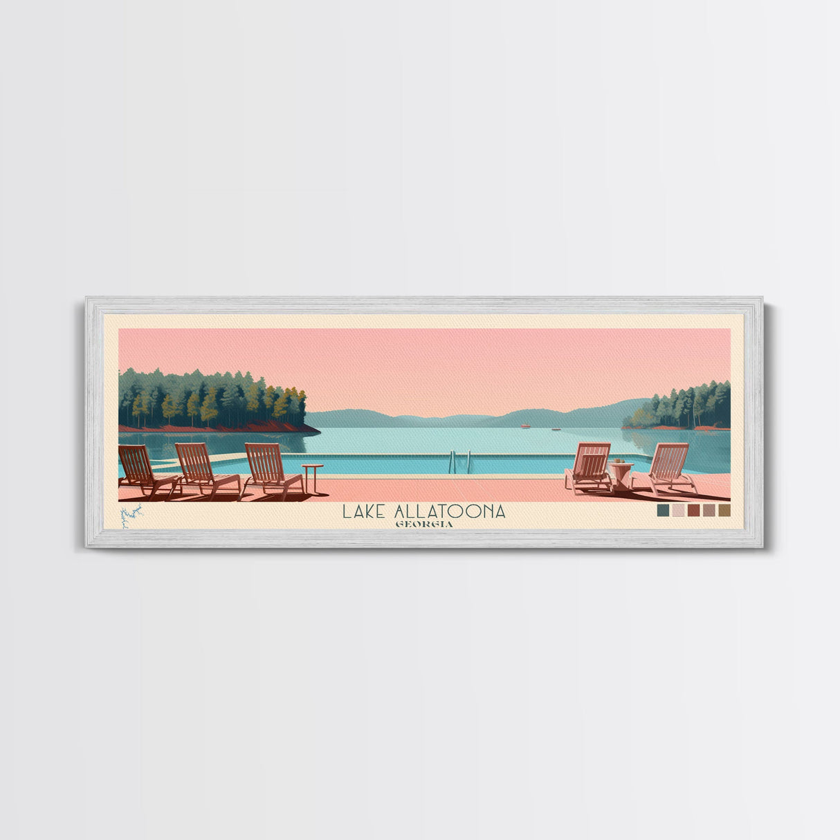 Lake Allatoona Georgia Framed Canvas Print, Panoramic Wall Art, Midcentury Modern, Pop Art, Living Room Decor, Travel Poster, Bedroom Art