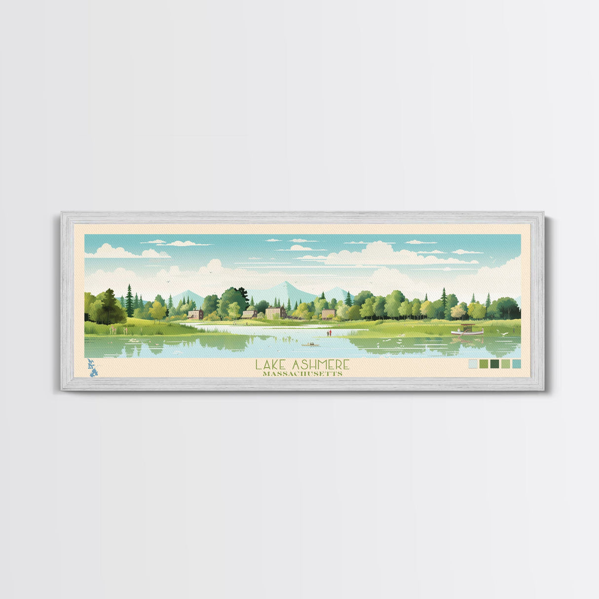 Lake Ashmere Massachusetts Framed Canvas Print, Panoramic Art, Midcentury Modern, Pop Art, Living Room Wall Art, Travel Poster, Lake House Decor